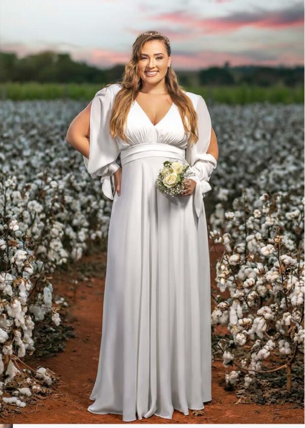 Vestido de Noiva Civil Longo com Manga Longa e Decote V — Sob Medida Ana Violeta