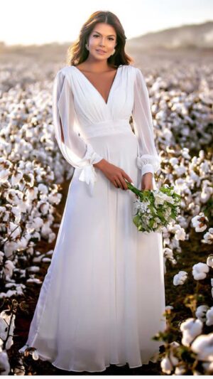 Vestido de Noiva Civil Longo com Manga Longa e Decote V