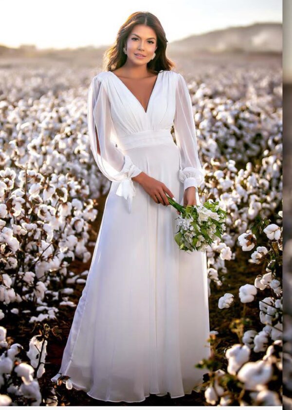 Vestido de Noiva Civil Longo com Manga Longa e Decote V