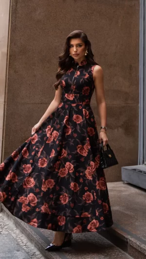 vestido festa floral evasê