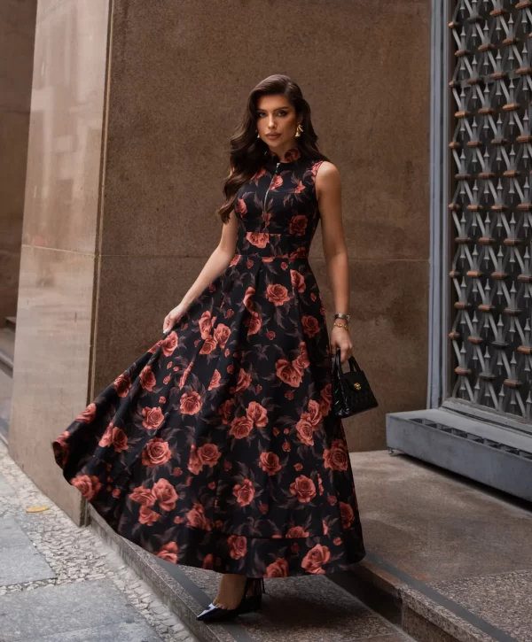 vestido festa floral evasê