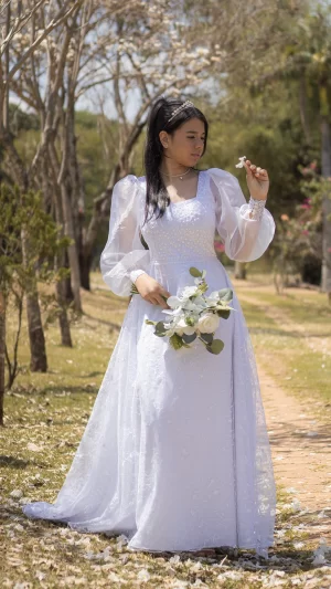 Vestido de Noiva com Decote Reto e Mangas Longas em Tule Bordado – Clássico, Romântico e Atemporal