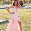 vestido longo rosé com fenda decote tule
