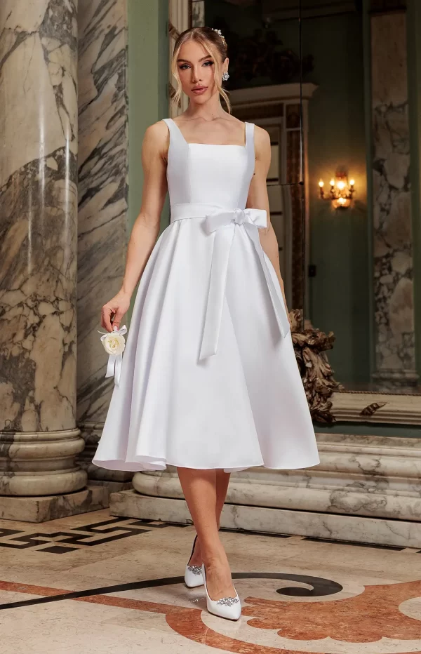 estido de Noiva Civil Midi Decote Reto com Laço