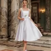 vestido de noiva civil midi decote reto com laço