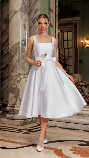 vestido de noiva civil midi decote reto com laço