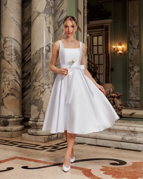 vestido de noiva civil midi decote reto com laço