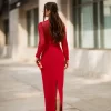 Vestido Midi Vermelho com Manga Longa, Gola Alta e Laço na Cintura