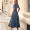 Vestido Midi de Renda Azul com Gola Alta e Babados