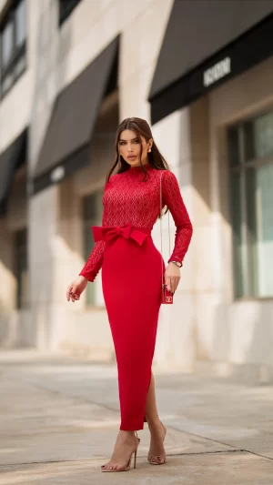 Vestido Midi Vermelho com Manga Longa, Gola Alta e Laço na Cintura