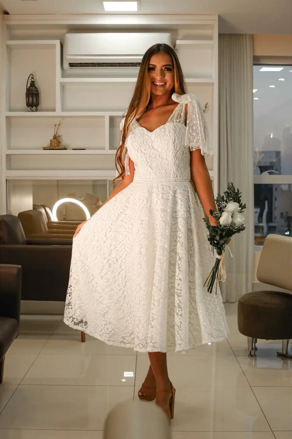 Vestido Midi de Noiva Civil em Renda com Mangas de Tule Poá