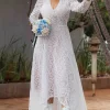 Vestido Renda Noiva Civil — Manga Longa, Decote V e Barra Assimétrica