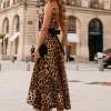 Vestido Midi Godê Animal Print com Cinto Faixa Preto