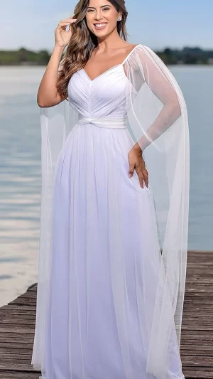Vestido de Noiva Longo com Capa de Tule e Decote Coração
