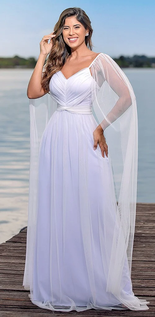 Vestido de Noiva Longo com Capa de Tule e Decote Coração