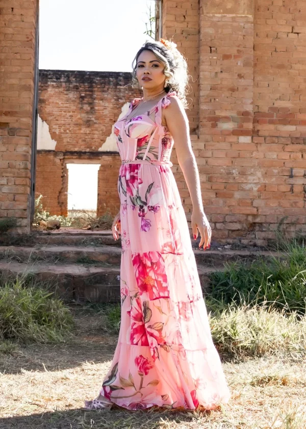 Vestido Longo Floral Corset com Laços nos Ombros