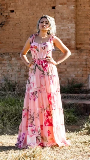 Vestido Longo Floral Corset com Laços nos Ombros