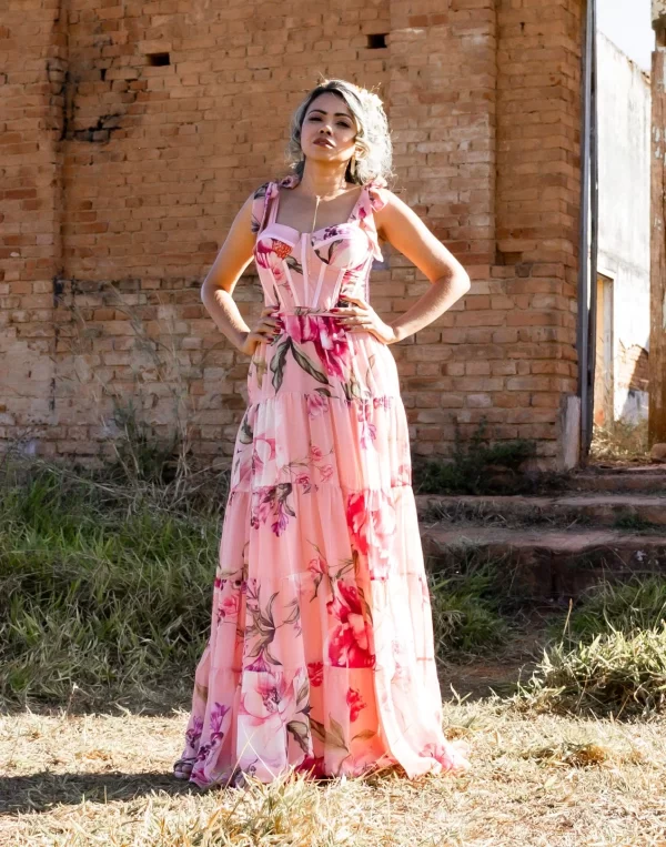 Vestido Longo Floral Corset com Laços nos Ombros