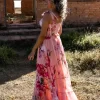 Vestido Longo Floral Corset com Laços nos Ombros
