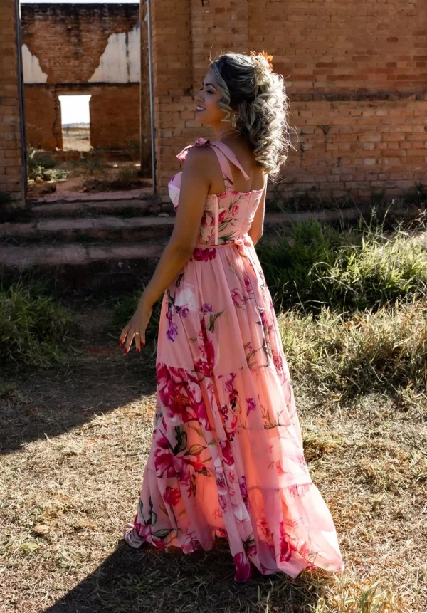 Vestido Longo Floral Corset com Laços nos Ombros