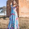 Vestido Longo Floral Corset com Laços nos Ombros