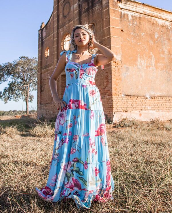 Vestido Longo Floral Corset com Laços nos Ombros